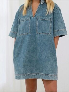 Miou Muse Denim Collared Shirt Mini Dress – Medium Blue Wash